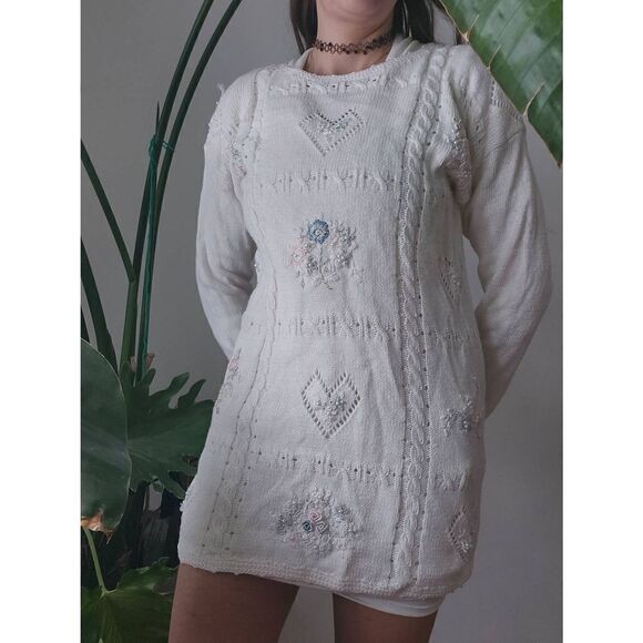 Vintage Dresses & Skirts - Vintage Cottagecore Sweater Dress Mini Hearts Flowers Embroidered 80s 90s Spring